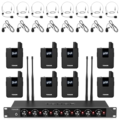 TONOR Wireless Microphones System with 8x12 Channels Headset/Lavalier Lapel Mics, Bodypack Transmitter, Receiver, 90 m/295ft UHF Range for Church Conference Performance Singing Karaoke PA Speaker