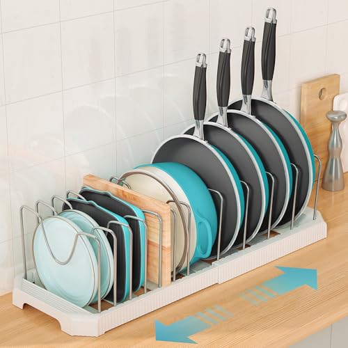 Pots and Pans Organizer for Under Cabinet, Expandable Pan Pot Organizers Inside Cabinet, Pot Rack for Kitchen Organizers and Storage Holder with Adjustable Compartment (White, 12 Adjustable Dividers) by Pantasia - Image 2