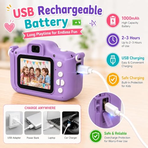 Image of Brand Conquer Kids Camera for Girls with Unicorn Design, HD Digital Camera for Children Age 3-10, Rechargeable Mini Toddler Camera with 2.4 inch IPS Screen, Selfie, Video Recording, Games & Strap (Purple)