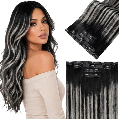 Image of LaaVoo Seamless Clip in Hair Extensions Black Balayage Silver Seamless Hair Extensions Clip in Ombre Black to Silver Grey Balayage Human Hair Clip on Extension 18Inch 4pcs 90g