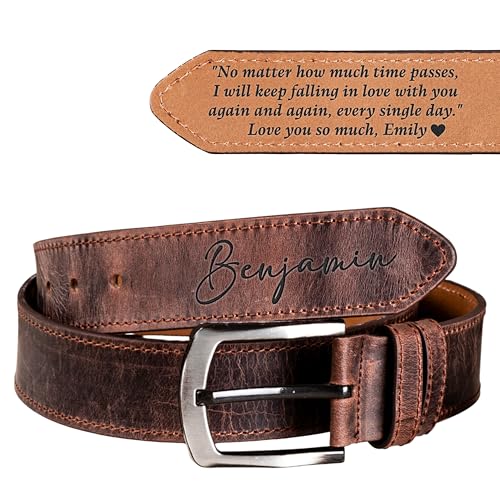 Personalized Mens Leather Belt for Fathers Day Custom Engraved Genuine Leather Belt with Kids Names Initials Monogram Best Dad Gift for Husband Papa Son Him Graduation Anniversary Christmas