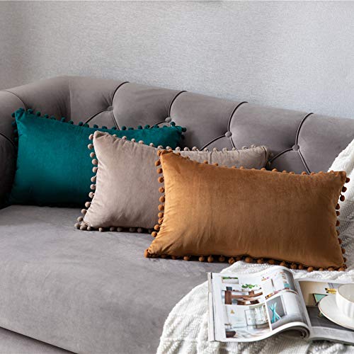 Dezene Throw Pillow Cases 12X20 Coffee: 2 Pack Cozy Soft Pom-Poms Velvet Rectangular Decorative Pillow Covers For Farmhouse Home Decor #TOP4