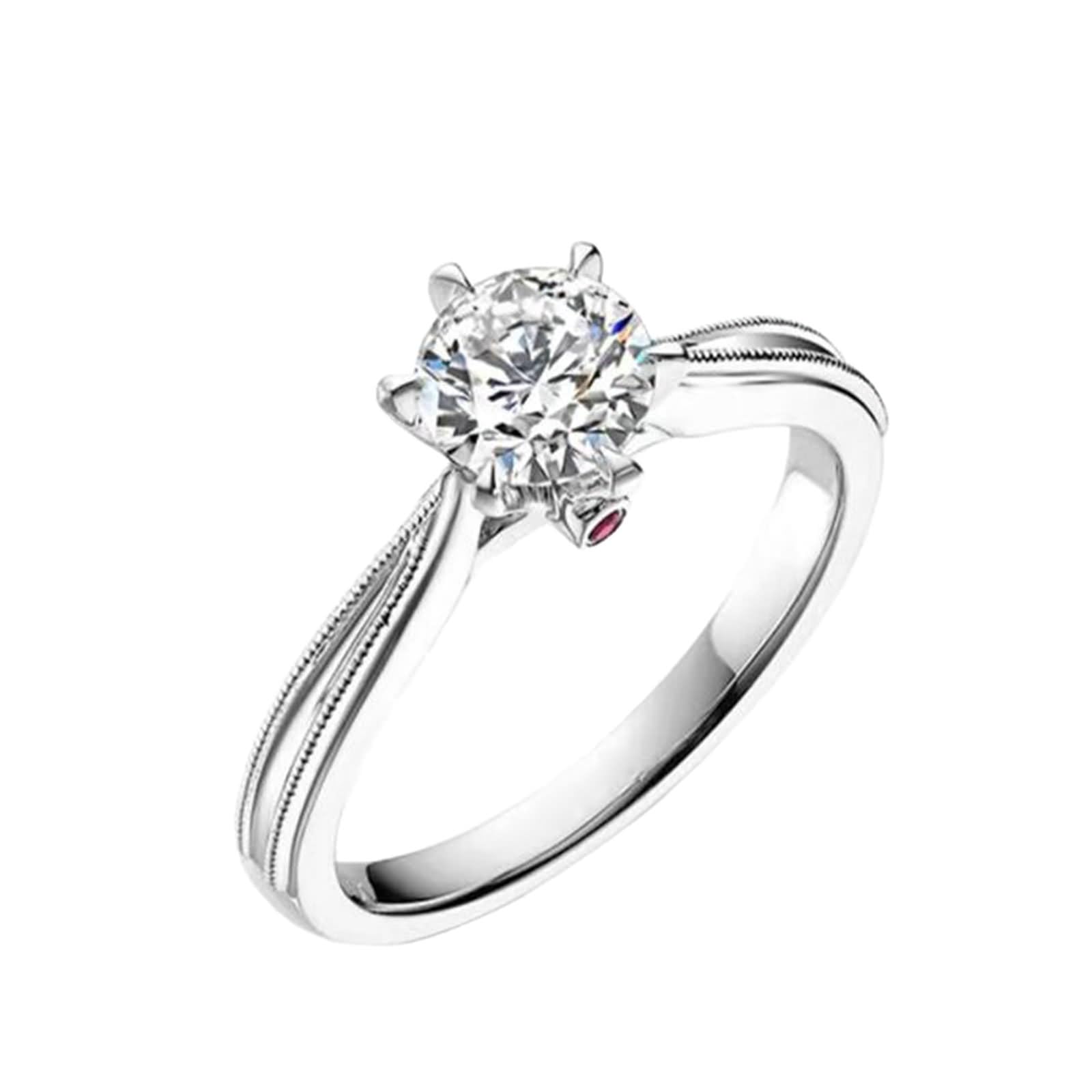 Eheringe Vintage, Ringe Frauen Set mit 0,7 Ct Rundem, im Labor Gezüchtetem Diamanten und Künstlichem Rubin Weißgold/Platin