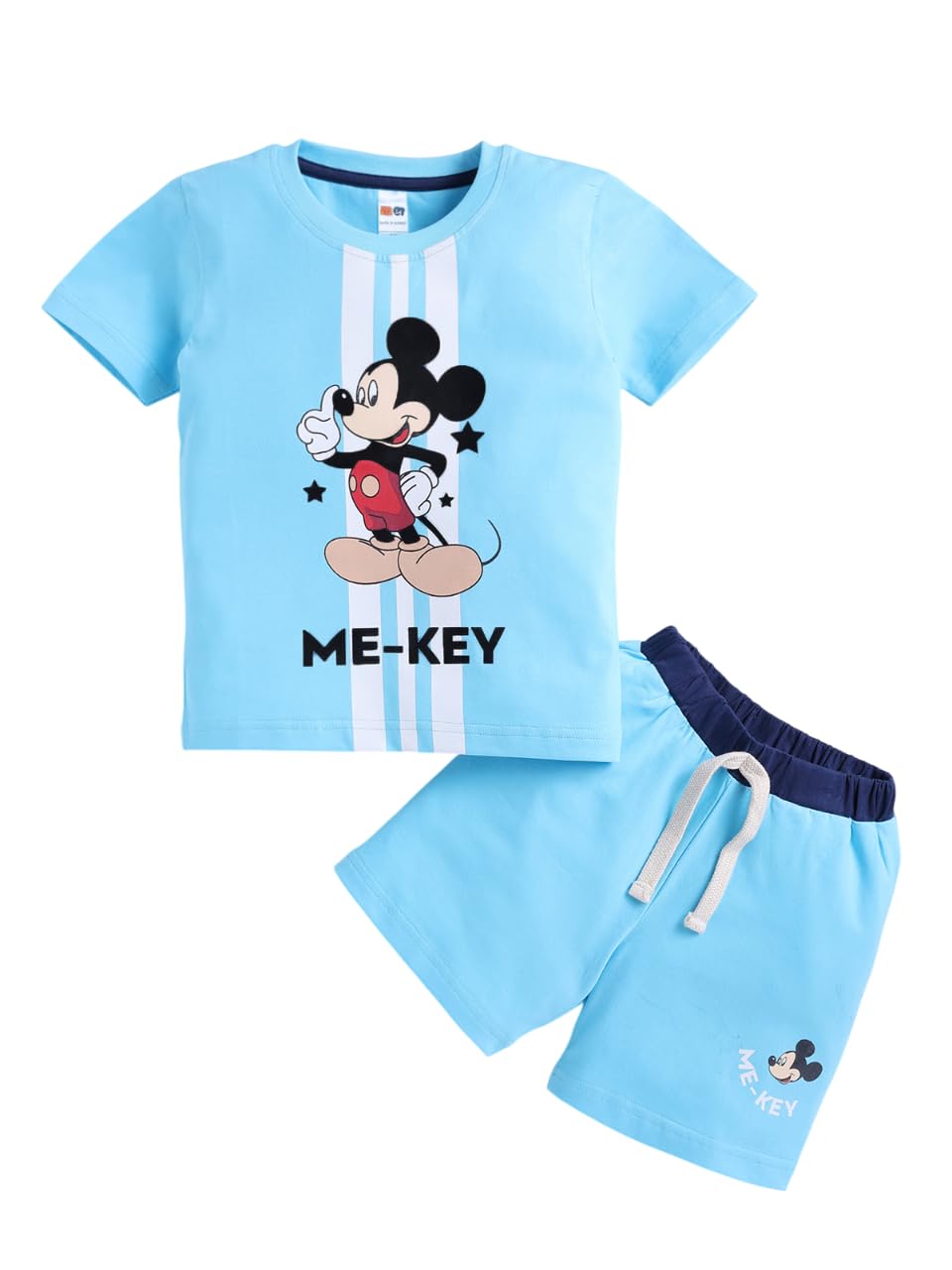 LITTLE NINJA Pure Cotton Knee Length Half Sleeve Mickey Mouse Printed Tee & Shorts Set – Sky 0-6M