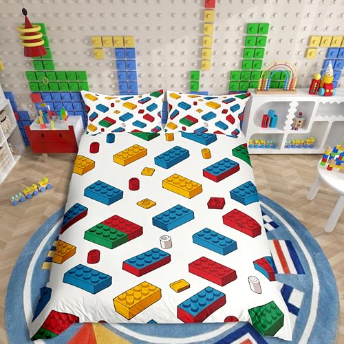 Loussiesd Blocs de Construction Housse de Couette 200x200cm Brique de Jouet pour Enfants Housse de Couette Garçons Jeux de Jeux d'adolescents Parure de Lit...