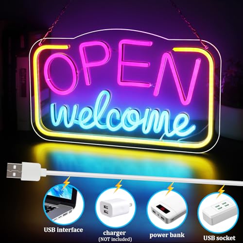 Image of Open Signs for Business, 16 inchX 9 inch Bright LED Neon Open Sign Powered by USB with ON /OFF Switch, Adjustable Brightness Open Sign for Bars, Hotel, Stores, Coffee, Window, Wall, Party (Pink&Blue&Yellow)