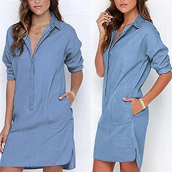 Vale® vaqueros elegantes casuales de vestir las mujeres Jean mangas largas  vestido azul más el tamaño de la hembra ocasional : Amazon.es: Ropa