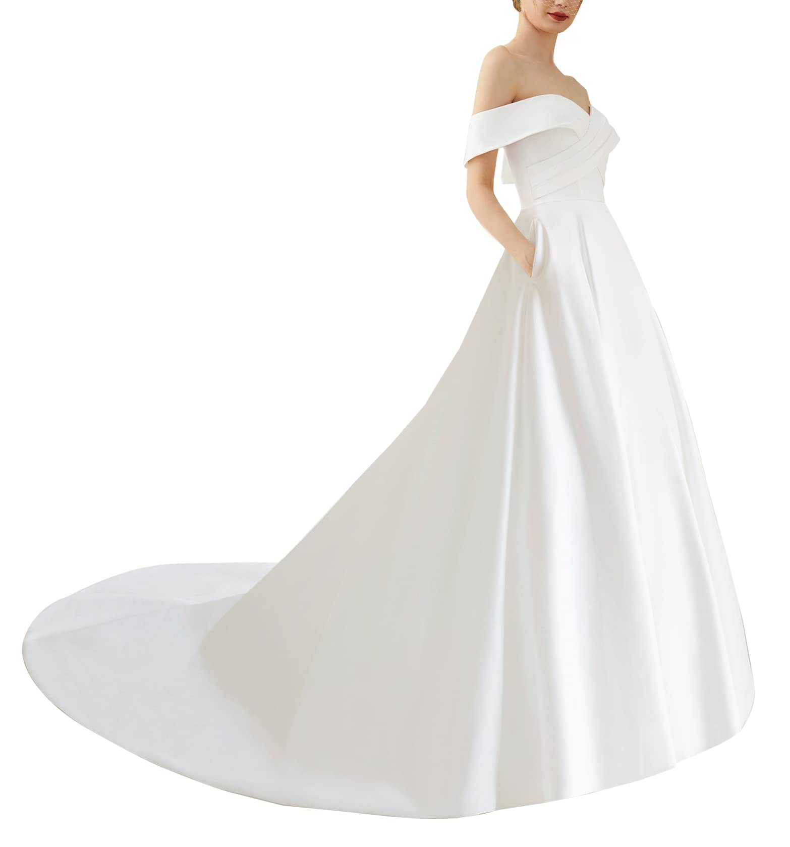 Satén de Vestido de Novia Femenino Retro con Hombro, Blanco, 34