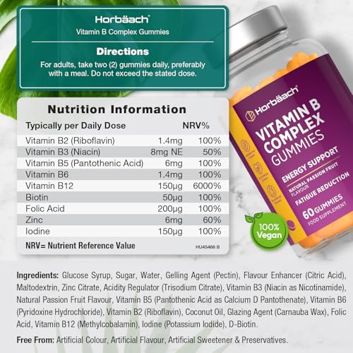 Vitamin B Complex Gummies | 60 Count - Tablet Alternative | High Strength Supplement with Vitamin B12, B6, B12, B2, B3, B5, Biotin, Folic Acid, Zinc and Iodine | Natural Tropical Flavour | by Horbaach - Image 4