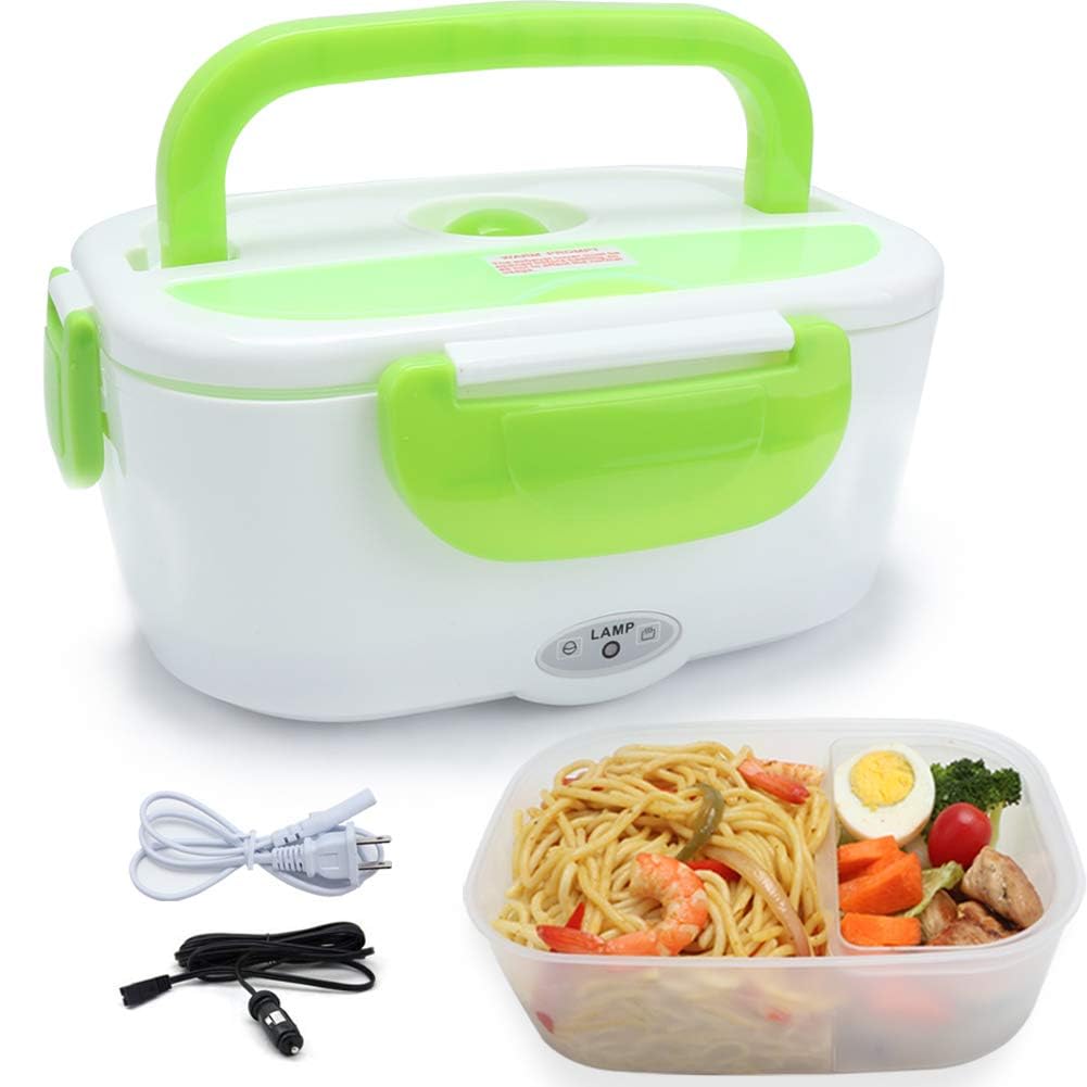 Electric Heating Lunch Box, 1.1L Capacity, Dual Power Options with Car Charger, Green and White-image-31