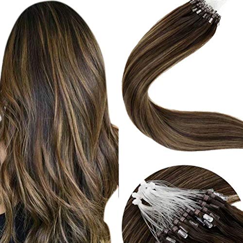 LaaVoo 14inch Micro Loop Hair Extensions Remy Virgin Loop Micro Ombre Human Hair Darkest Brown Fading to Ash Brown Extensions Silicone Micro Beads Stick Tip Hair Extensions Brazilien 50g/50s#2/8/2