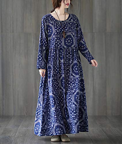 YESNO Women Long Maxi Swing Dress Casual Plus Size White Blue Printed Long Sleeve/Pocket M90