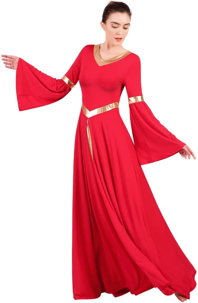 Women Metallic Bell Long Sleeve Praise Dance Dress Loose Fit Full Length Liturgical Lyrical Dancewear Worship Costume - Image 5