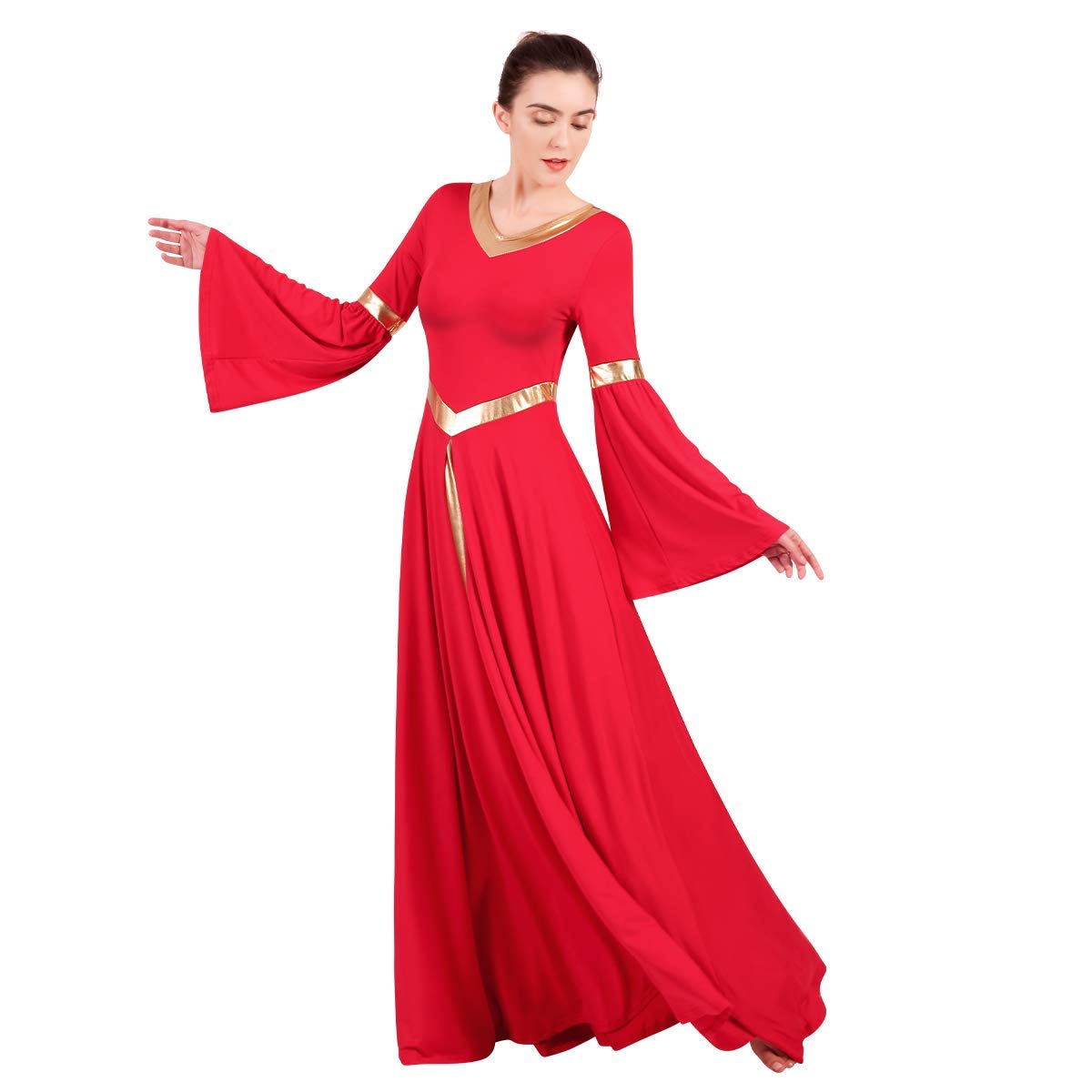 FYMNSI Liturgiques Robe de Danse Femme Cloche à Manches Longues Robe de Soirée Chambre Cocktail Pull Taille Haute Plissé Robe de Ballet Classique Robe de Latine Valse Spectacle XS-3XL