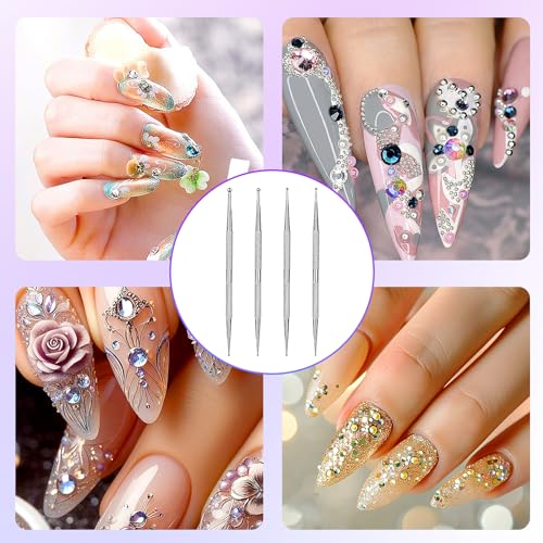 4 Stück Dotting Pen Set, Professional Edelstahl Strass Nail Art Dotting Tools Dual-Ended Strass Picker, Mehrere Größen Nail Design Werkzeug Punktierstift für Nail DIY Dekoration(Silber)