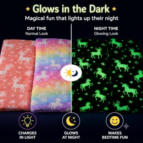 Image of Glow in The Dark Blanket for Kids Pack of 2 (Pink & Peach) | Soft Fleece Reindeer Throw Blanket with Snowflake Glow Design | Warm Flannel Blanket| Winter Bed Blanket | 150 x 200 cm