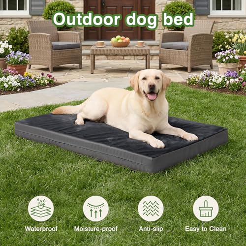 Image of Waterproof Dog Bed Large Sized Dogs, Orthopedic Washable Crate Pad 35 inchx22 inch | Outdoor Pet Bed Foam, Reversible Faux Leather & Flannel, Durable Removable Cover, Anti-Slip Bottom,Kennel Pad 36 inch Dark Gray