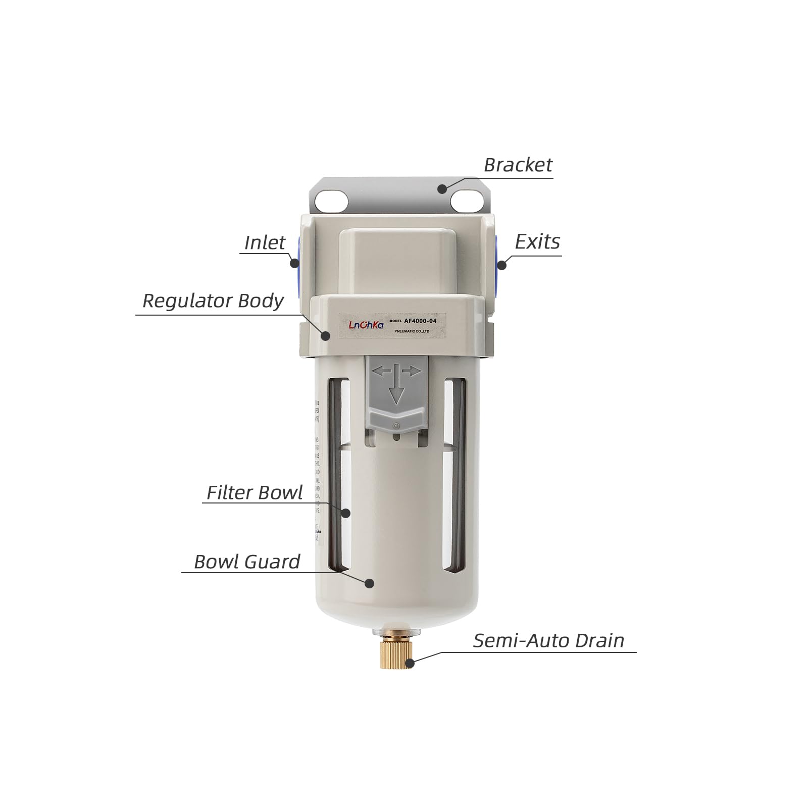 Filtre de sécheur d'air industriel 1/2" NPT, 0-150 psi, séparateur d'eau pour compresseur d'air, filtre de compresseur d'air AF4000-04, élément en laiton de 5 microns, vidange semi-automatique