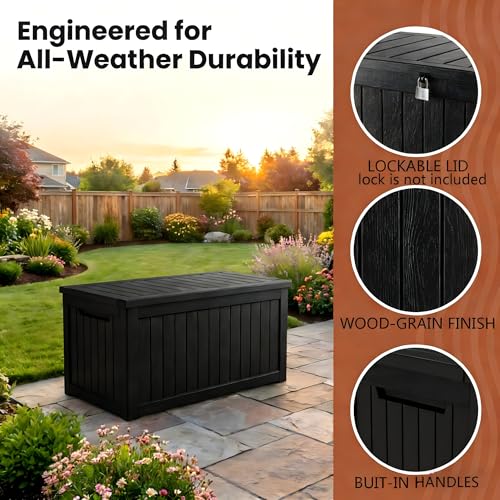 Image of Large 231 Gallon Resin Deck Box, Heavy Duty Lockable Patio Storage Box Outdoor, Waterproof Tool Box for Garden Furniture Cushions & Pool Supplies, Wood Grain Outdoor Storage Bench for Backyard