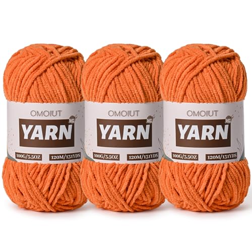 Image of 3 Packs Plush Chenille Chunky Crochet Yarn - Baby Yarn for Crocheting Soft - Velvet Yarns Knitting for Blankets Crafts - Fluffy Amigurumi Yarns 300g / 393yd (3 Orange)