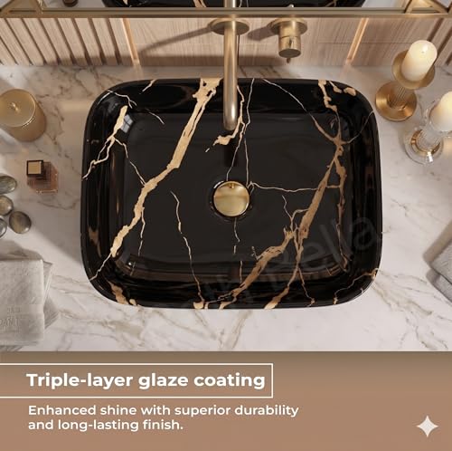 Image of Designer Ceramic Wash Basin For Bathroom | Over Counter Bathroom Basin | Counter Top Bathroom Sink | Wash Basin For Restaurant, Hotel (18 x13 x 5 Inch) (Black Gold Jelly)