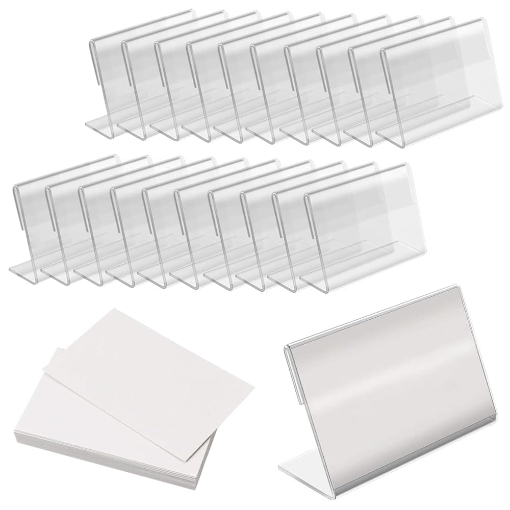Acrylic Sign Holder, Mini Clear Sign Display Holder with Blank Labels, Slant Back Clear Paper Frames, Plastic Flyer Display Holder, Document Menu Table Stand for Office, Store (20 Pack, 3.1x1.9 Inch)
