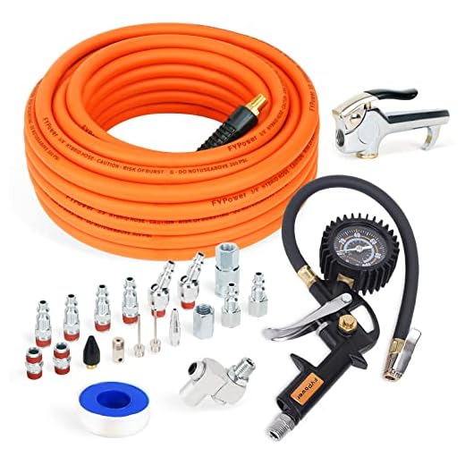 FYPower 22 Pieces Air Compressor Accessories kit, 3/8 inch x 50 ft Hybrid Air Compressor Hose Kit, 1/4" NPT Quick Connect Air Fittings, Tire Inflator Gauge, Heavy Duty Blow Gun, Swivel Plugs