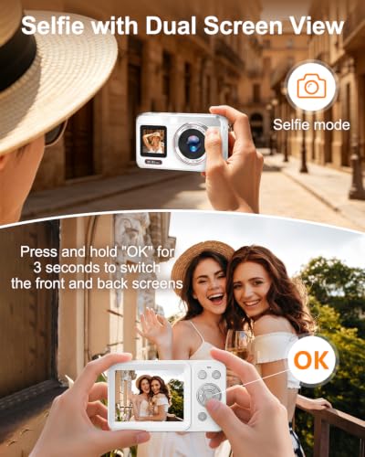 Image of Digital Camera, 5K 80MP Dual Screen, Auto Focus for Beginners Teens | Point and Shoot Camera with 18X Zoom, 32GB Card & 2 Batteries, Great Travel Vlogging Camera for YouTube, White
