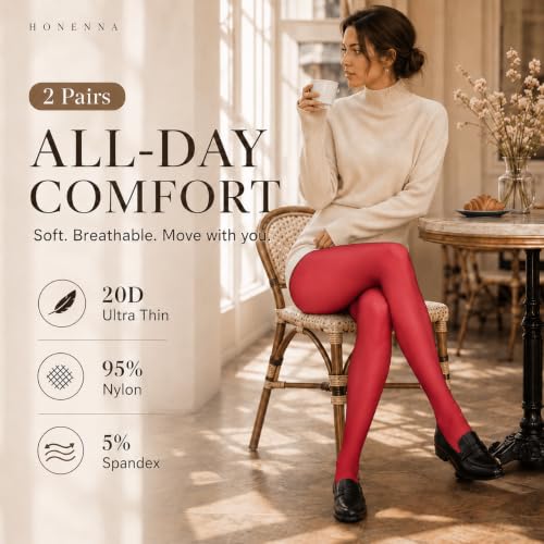 Image of HONENNA Sheer Tights for Women 2 Pairs Ultra Thin Reinforced T Crotch Control Top Pantyhose Stockings