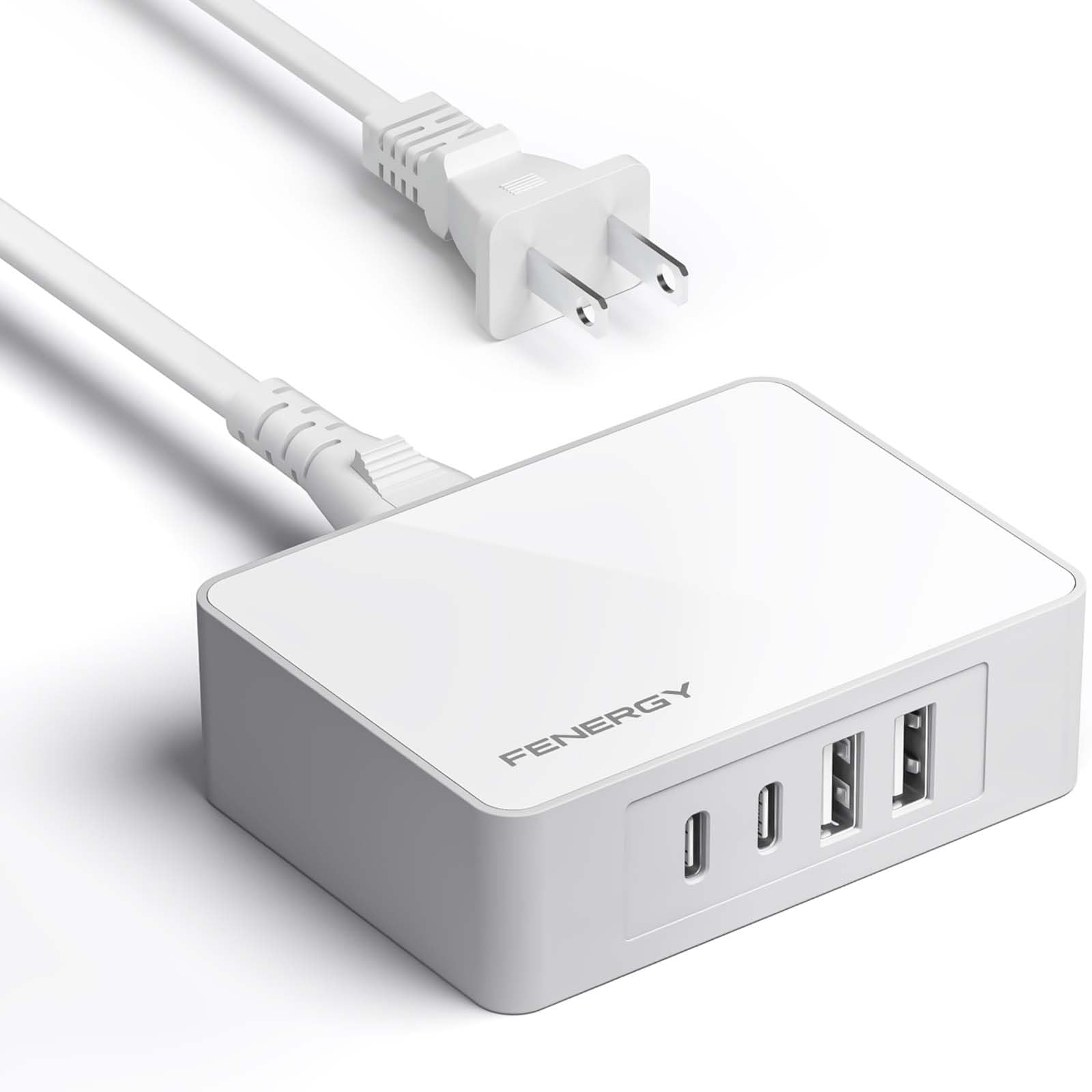 Fenergy 65W USB C Charger Block, GaN Fast Charging Station Hub, 4-Ports USB C and USB A Multiport Wall Charger Adapter Plug Cube with 6ft AC Cable for iPhone 15 14 Pro Max/iPad/Galaxy/Tablet and More