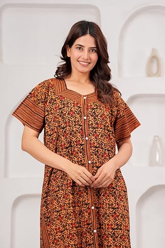 Image of DIAMO Full Open /Front Buttoned Pure Cotton Night Gown Women /Girls with Jaipuri Block Print, Maxi Night Gown, Sleepwear, Nighty, Nightdress, Jaipuri Nighty, Nighties