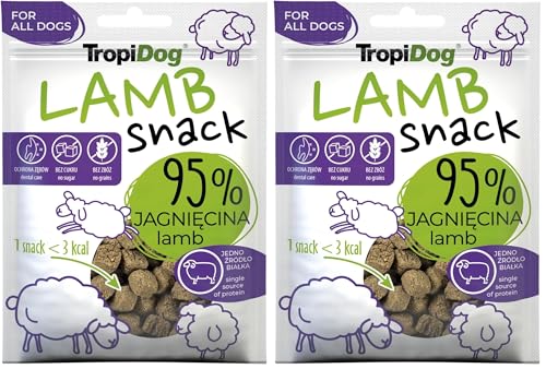 Snack per cani monoproteici con il 95% di agnello, senza cereali e conservanti, ideale per l'addestramento e l'igiene orale - TropiDog Snack Lamb 70g (Confezione da 2)