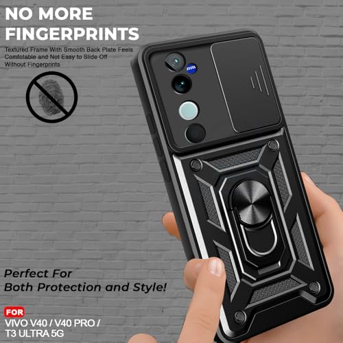 Image of AESTMO Tough Armor Ring Holder & Sliding Camera Cover | 360 Degree Protection Bumper Back Case Cover for Vivo V40 / V40 Pro / T3 Ultra 5G (Black) - Polycarbonate;Thermoplastic Polyurethane