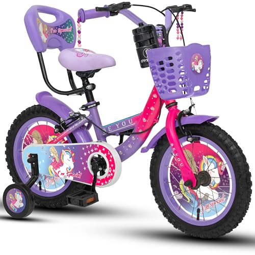 Image of Be You 14T Kids Bicycle for Girls with Training Wheels, Basket & Bottle | 14 Inch Cycle with Backrest & Full Chain Cover (Pink Purple, 14T)