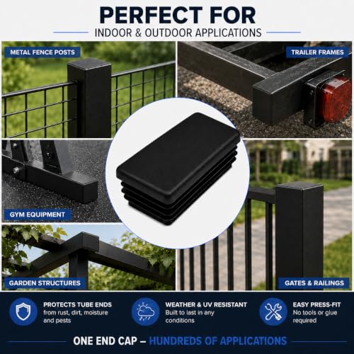 Image of (Pack of 10) Rectangular Plastic Plugs 19 /32 inch x 25 /32 inch (15 x 20 mm), Matt Tube Inserts, Fence Post Caps, Jet Black RAL 9005