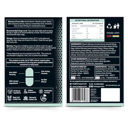 Image of HappyMind Botanicals Memory & Focus Max | Ayurvedic Brain Booster Supplement for students & Adults | Improves memory, concentration, Focus & clarity | Shankhpushpi, Brahmi, Ginkgo | 60 Vegan Tablets