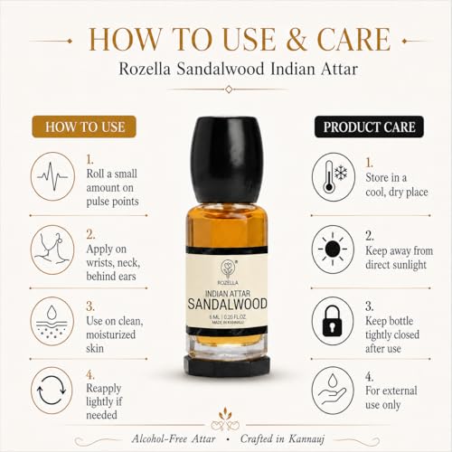 Image of ROZELLA Sandal Wood Authentic Attar for Men and Women | Creamy Woody Aroma Perfume Oil | Traditional Fragrance Blend | Non Alcoholic Long Lasting Fragrance Attar | 6 ml