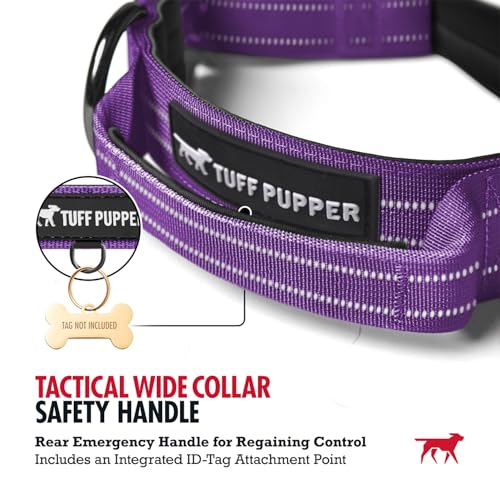Image of Tuff Pupper Tactical Dog Collar | Heavy Duty 1.5 inch Wide Ballistic Nylon | Training Control Handle | Quick-Release Metal Buckle | Reflective Bands | ID Tag Holder | Padded Inner Lining (Purple, Medium)