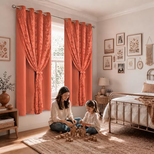 Image of Yinhua Terracotta Curtains for Living Room Double Layer Curtain with Sheer Overlay Farmhouse Blackout Curtains for Bedroom 63 Inch Length, Grommet Drapes with Tiebacks, 2 Panels