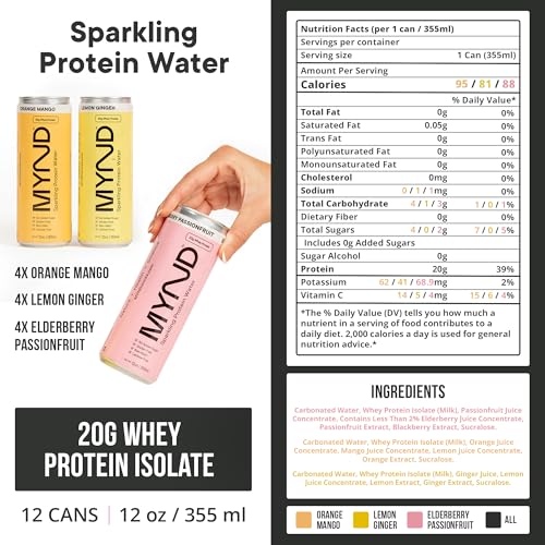 Image of MYND Sparkling Protein Water, Clear Protein Drink - 20g Whey Protein Isolate Per Can, 12 Pack - Lactose Free, Gluten Free, No Added Sugar - Ready-to-Drink Carbonated Protein Drinks - Variety Pack