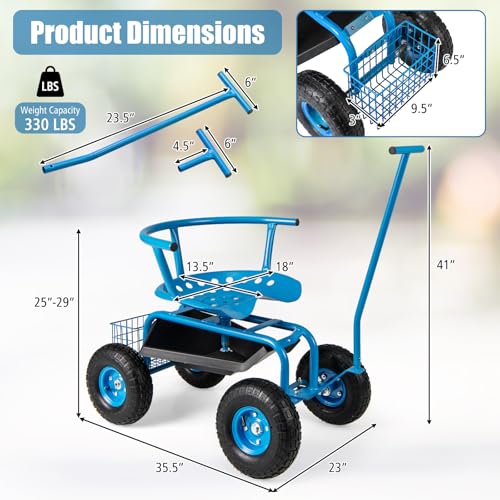 Goplus Rolling Garden Seat with Wheels, Outdoor Garden Cart with 360° Swivel Seat & Tool Storage, 2 Steering Handles, Gardening Stool Wagon Scooter, Lawn, Patio Gardening Workseat for Seniors - Image 4