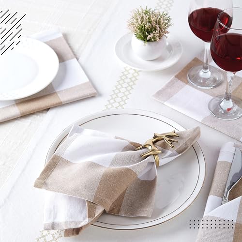 Image of Encasa XO Dining Table Napkins Set of 6, 50x50 cm | Machine Washable Reusable, Recycled Cotton Cloth Napkin, Soft & Absorbent, Table Decor for Hotels, Farmhouse - White & Buffalo Beige Checks