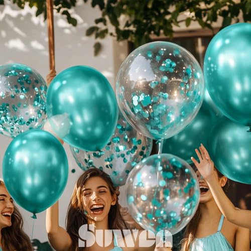 Image of SUWEN Metallic Green and Confetti Balloons Set 47PCS Latex Metallic Teal