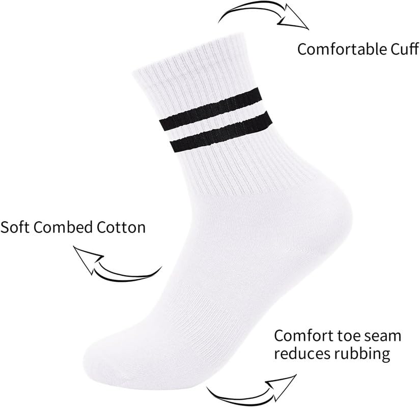 Yanwenx 3 Pairs Cotton Two Stripes Solid Color Casual Running Socks for Women Girls_White 1