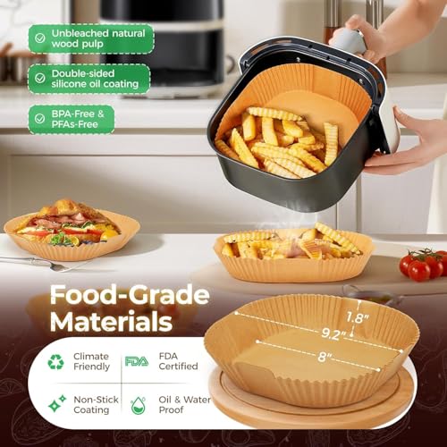 Image of 50 PCS Air Fryer Paper Sheets, Disposable Paper Liner for Microwave, Oil-Proof Air Fryer Parchment Paper for Frying, Baking, Cooking, Roasting and Microwave (Square 8 INCH)