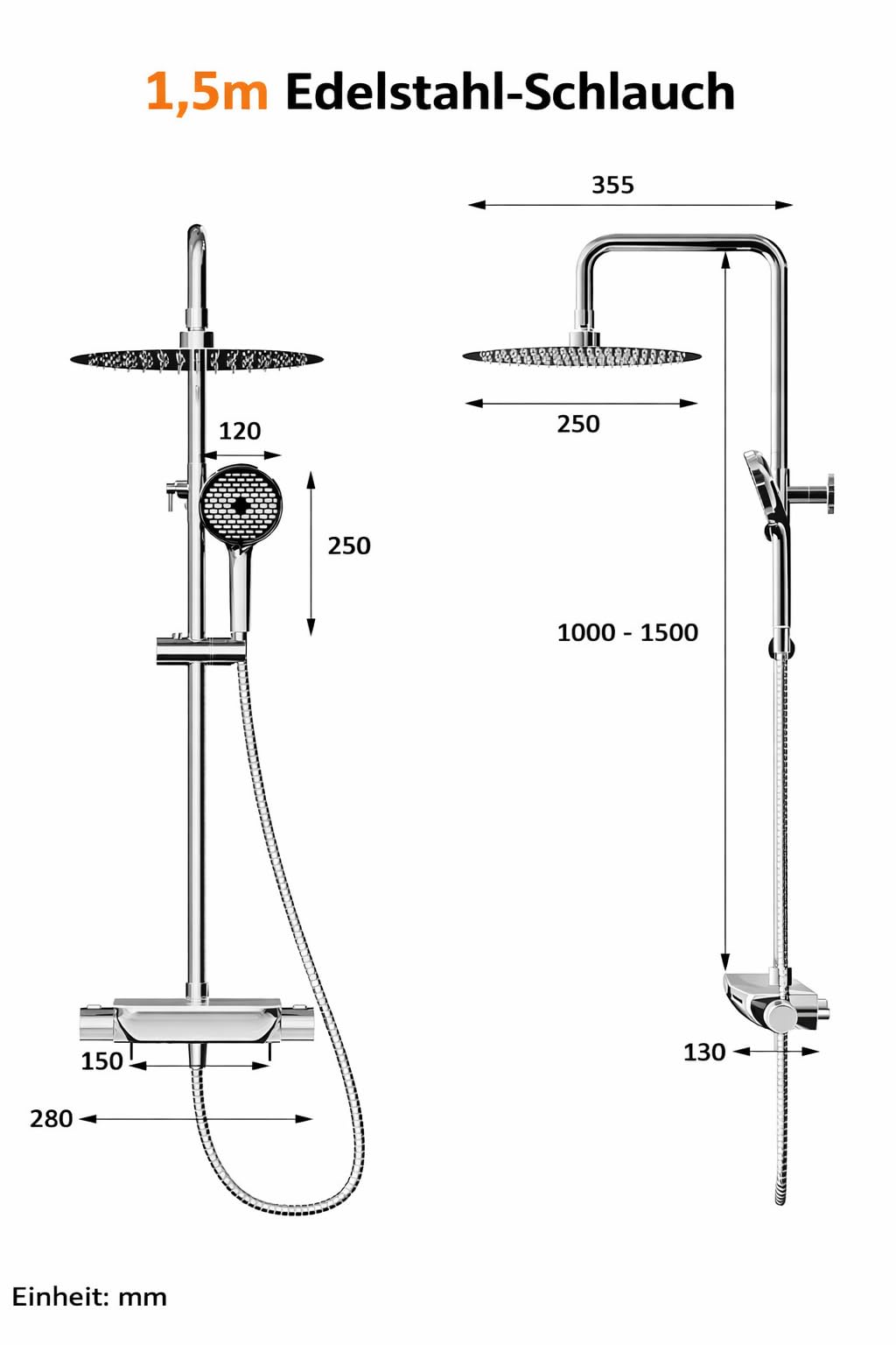 Cobbe Thermostatische Duscharmatur mit 12" eckiger Regendusche, 20" höhenverstellbarer Schienensatz, 6-Modus-Handbrause, 1,5m Schlauch, Dreifach-Wasserauslasssteuerung (Chrom)