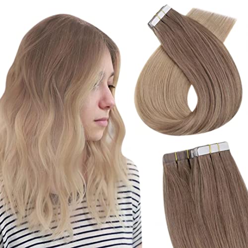 Easyouth Pu Tape in Extensions Real Human Hair Balayage Color Golden Brown Fading to Golden Blonde Invisible Tape in Extensions Remy Straight Hair Ombre Glue in Hair Extensions 18Inch 20Pcs