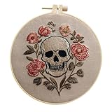 IUHUI Kit de bordado para adultos principiantes – Patrones temáticos de calavera de Halloween, juego de bordado de costura a mano con aro (calavera rosa)