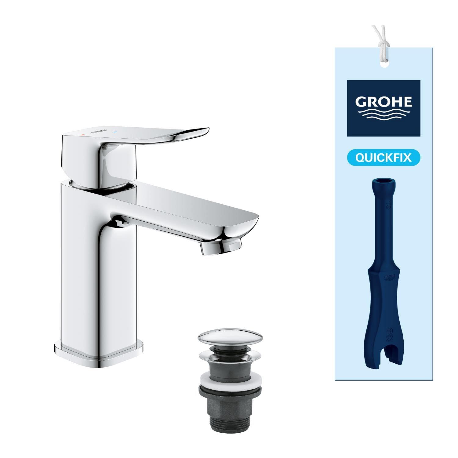 GROHE Dice Grifo de Lavabo S con Desagüe Push-Open (Cartucho Cerámico 28 mm, Ahorro de Agua y Energía, Conexiones 3/8", Fácil de Instalar QuickTool Incluido), Cromado, 1018610000