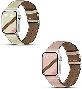 Genuine Leather Band Compatible with Apple Watch for Women Men 49mm 46mm 45mm 44mm 42mm 41mm 40mm 38mm, Soft Leather Replacement Strap for iWatch Ultra SE Series 10 9 8 7 6 5 4 3 2 1(2 pack)